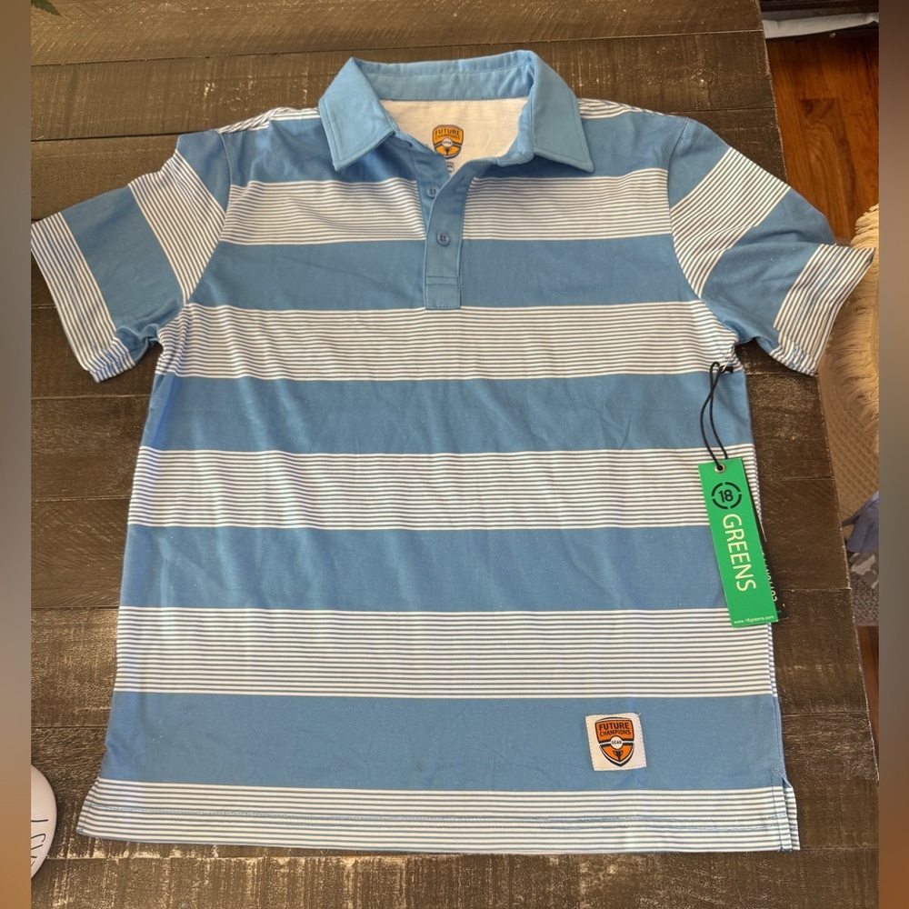 18 GREENS NWT Boys Blue White Striped Cotton Performance Polo Size‎ XL 16